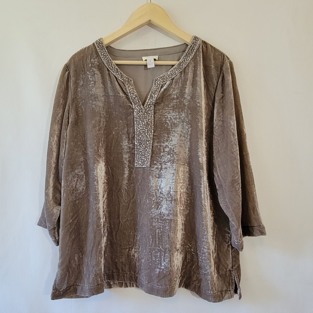 Chico's Velvet Dream Monica Top Sz 2 Gray 3/4 Sleeve Sequin Split-Neck Party